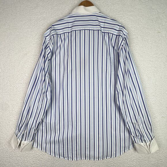 Steve Harvey Blue Stripe Men’s Dress Shirt 17.5 37 French Cuff Cotton NWT - Picture 9 of 14